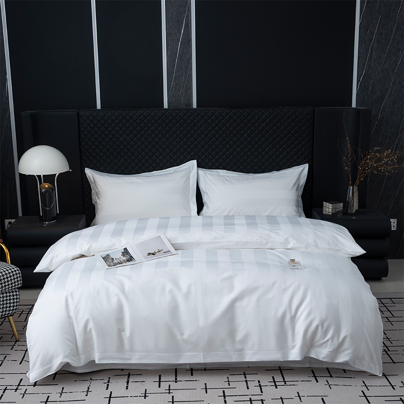 Juego de Ropa de Cama Blanca Sencilla 7cm Rayas Satén 750TC 100% Algodón para Hotel Cinco Estrellas